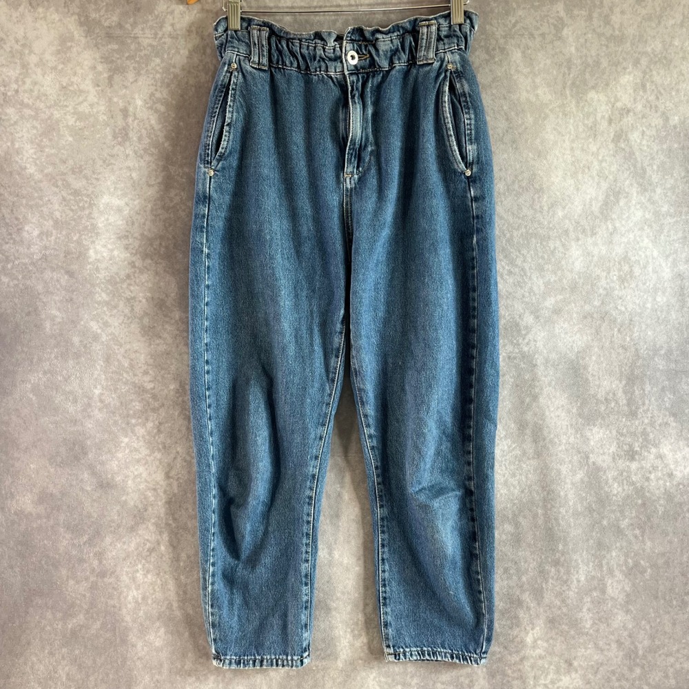 Zara Paperbag Waist Jeans Womens 6 Blue High Rise Tapered Mom Denim Casual‎